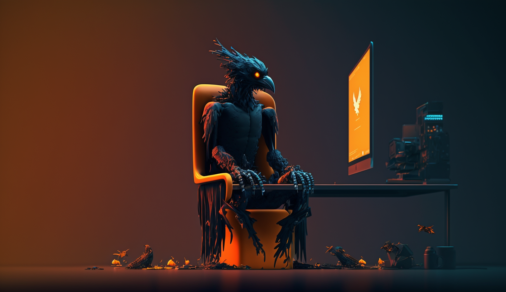 Image of a crow looking at a computer screen
