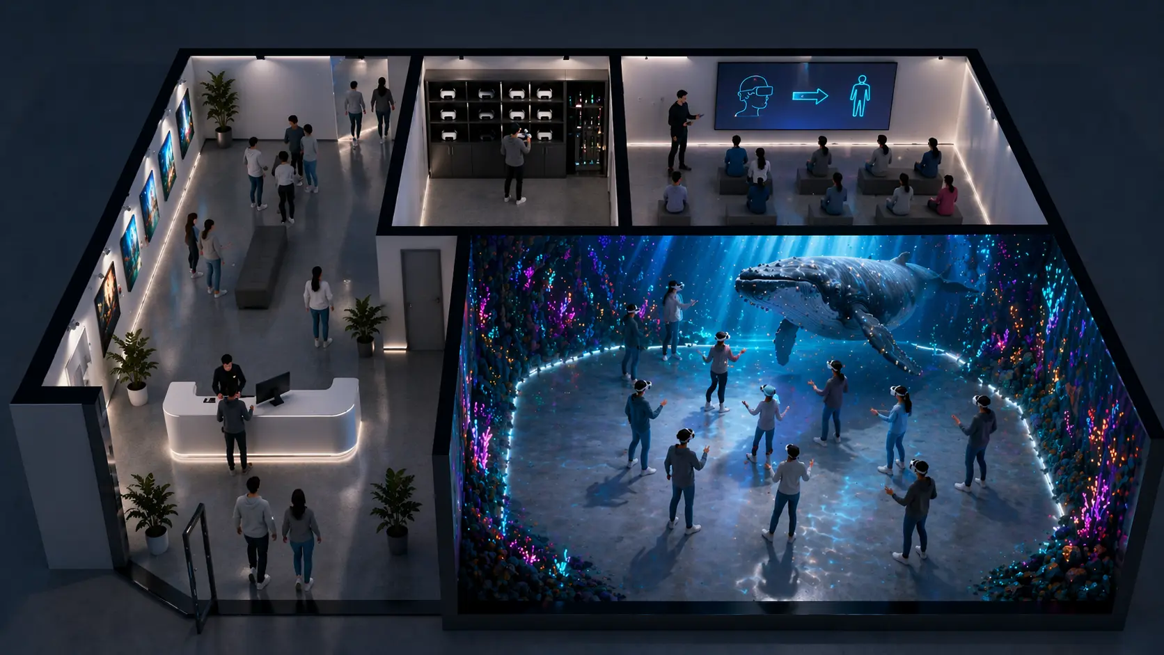 Floor plan of a 1,000 sqm SVR venue showing the spatial layout of an underwater whale virtual world across multiple free-roaming rooms