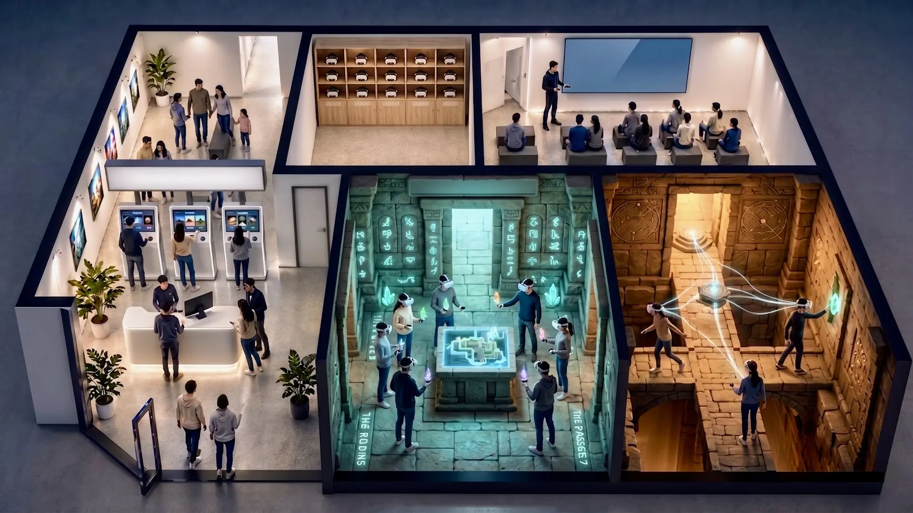 Overhead view of multiple interconnected rooms in an alien-themed SVR virtual environment showing how the physical venue maps to the virtual world