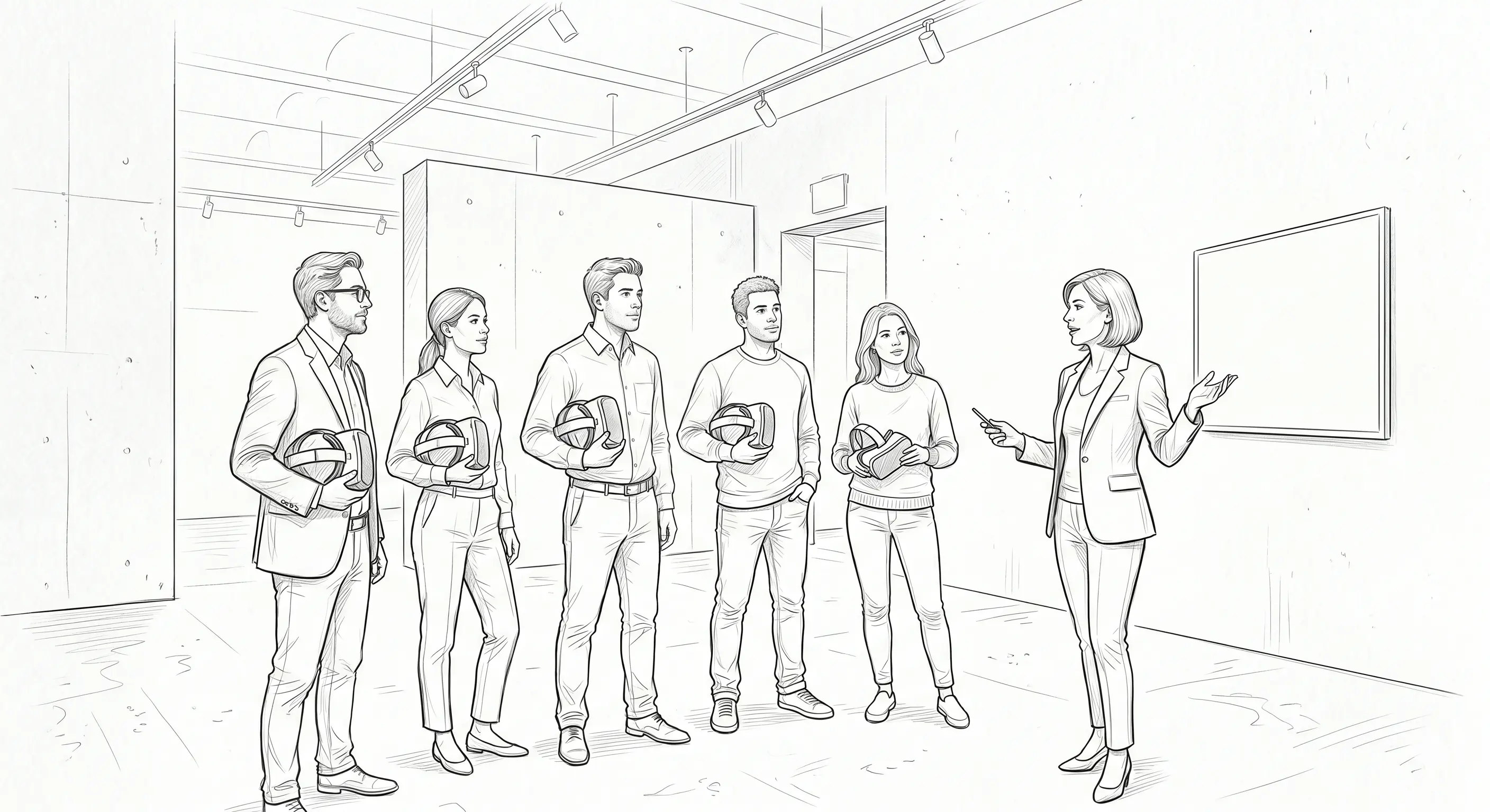 Illustrated sketch of a guide briefing a group of participants holding VR headsets before an SVR session