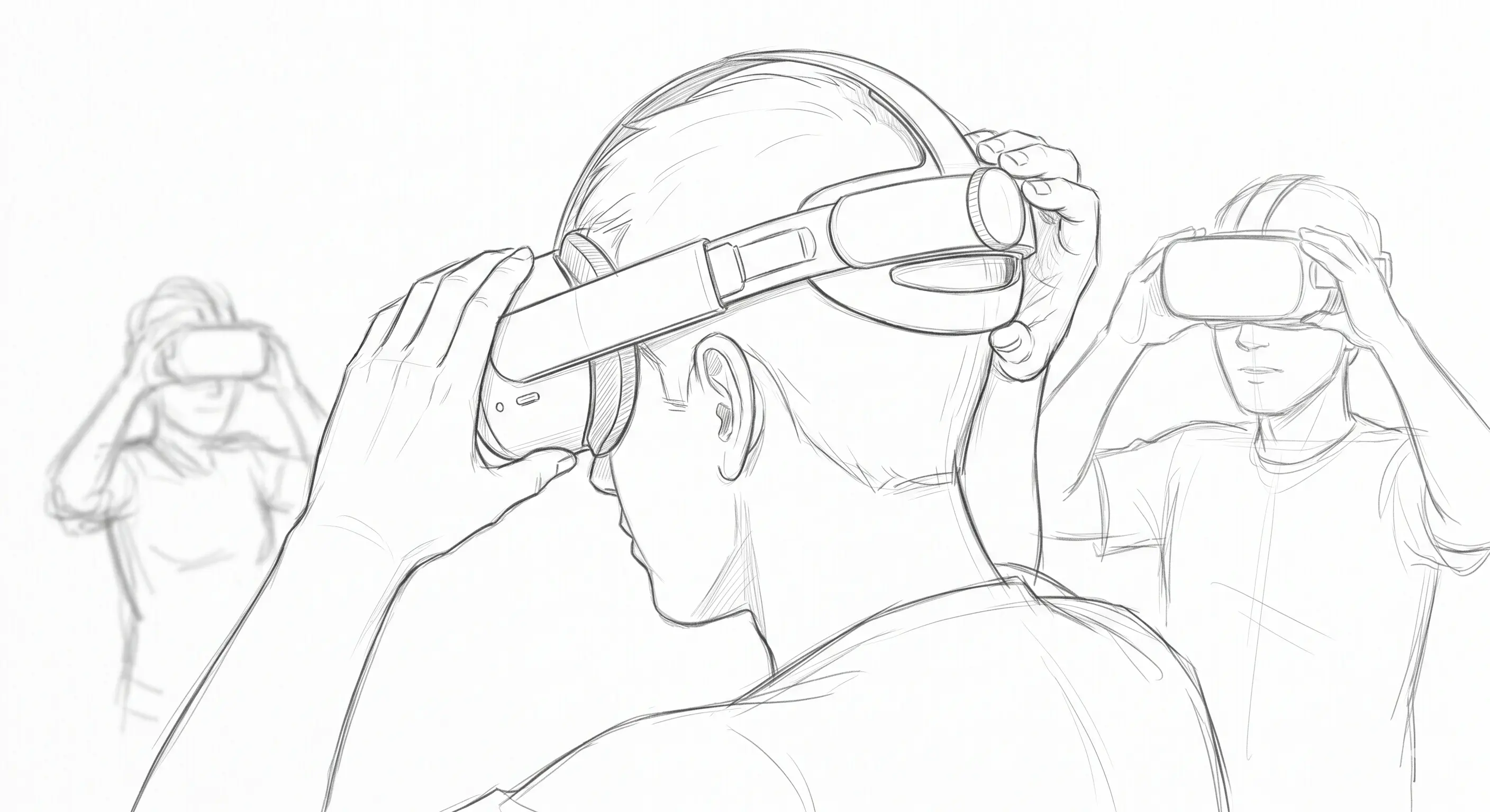 Illustrated sketch of participants putting on wireless VR headsets to begin a shared virtual reality session