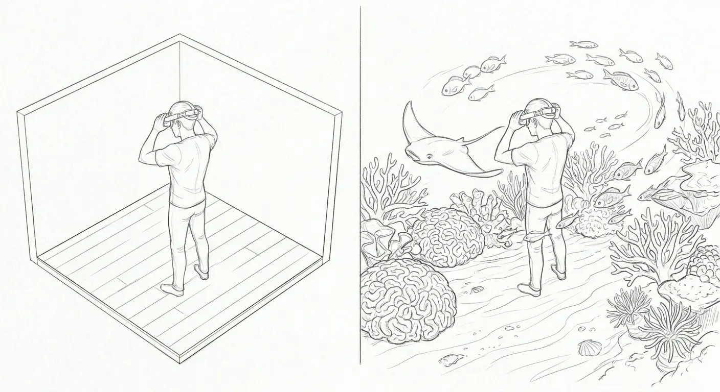 Illustrated sketch showing an empty physical room transforming into an immersive virtual world as seen through a VR headset