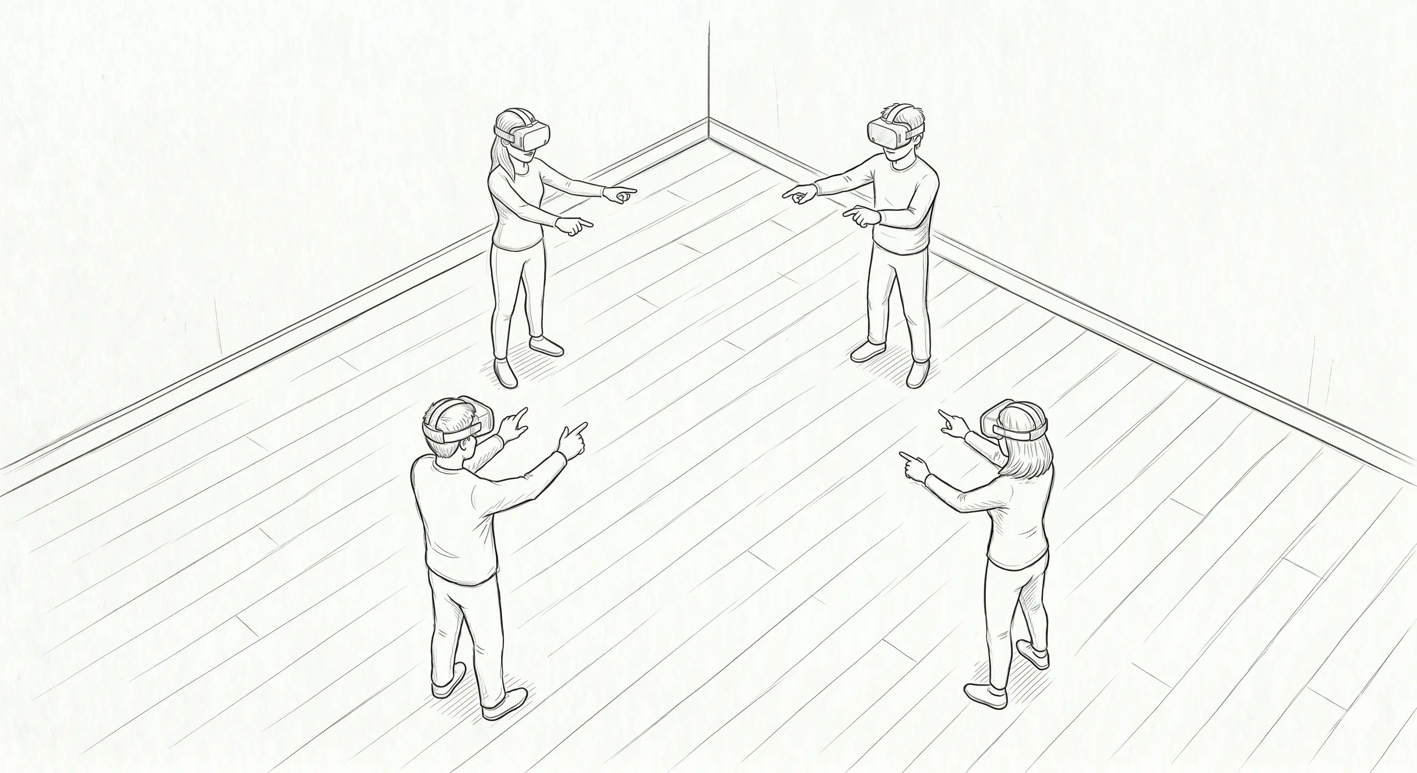 Illustrated sketch of multiple users simultaneously inhabiting and interacting within the same shared virtual environment