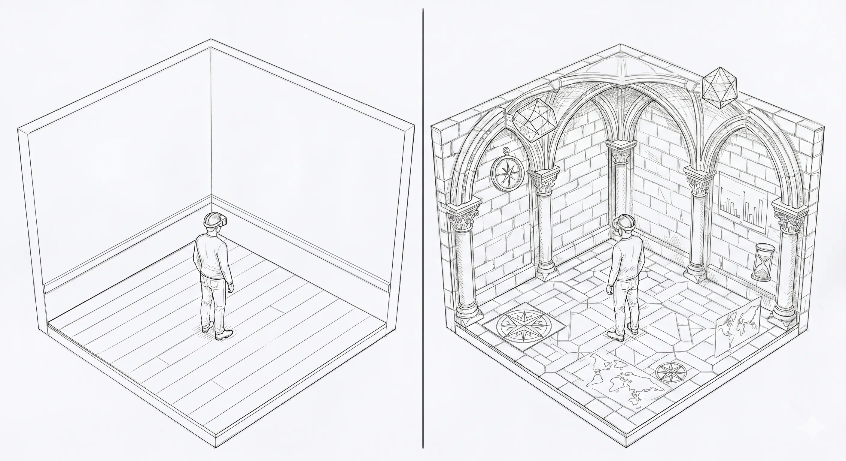 Illustrated sketch showing spatial mapping alignment between the physical venue layout and the overlaid virtual architecture