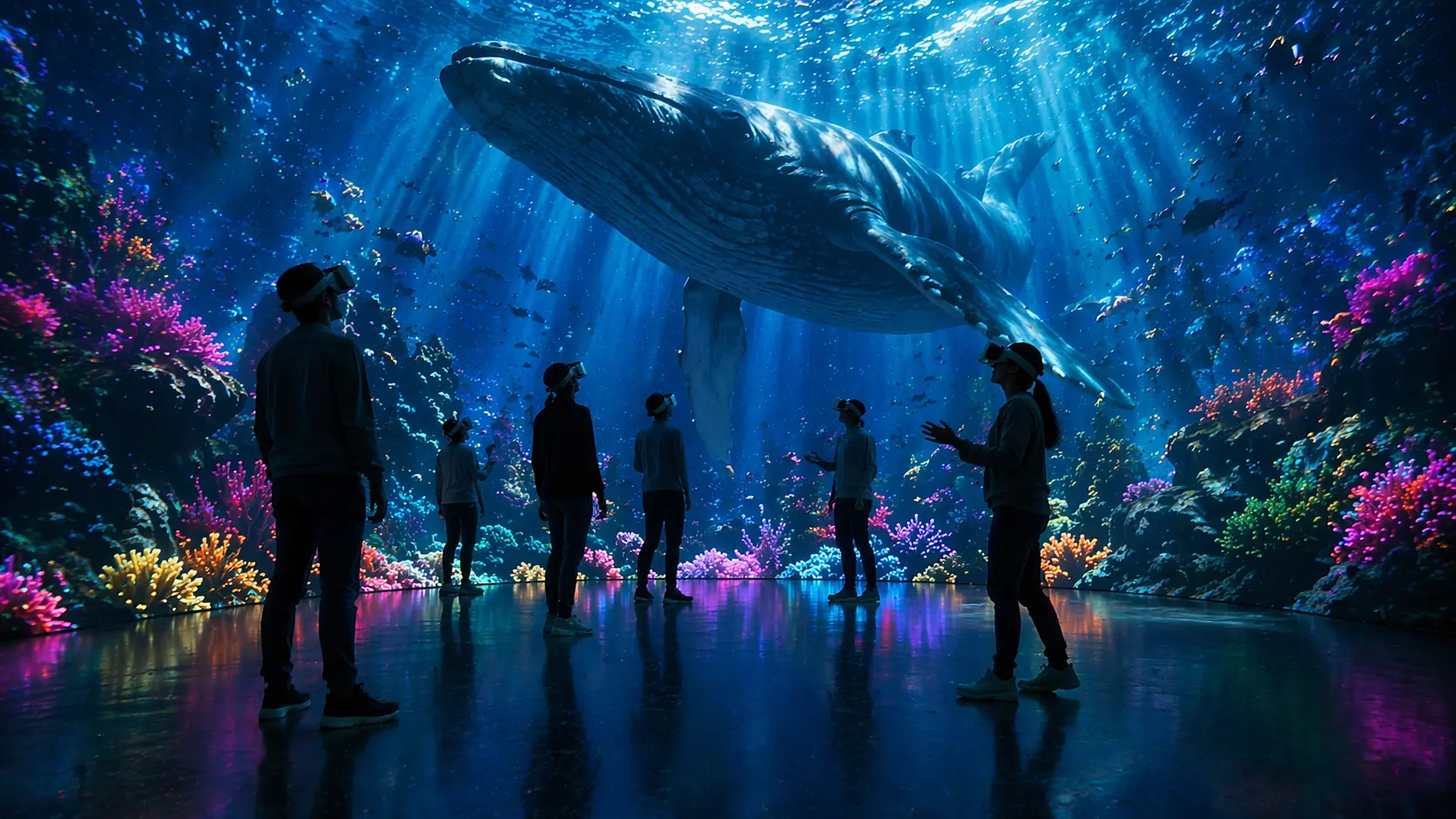 Multiple participants free-roaming together inside a shared virtual reality underwater world featuring a giant whale