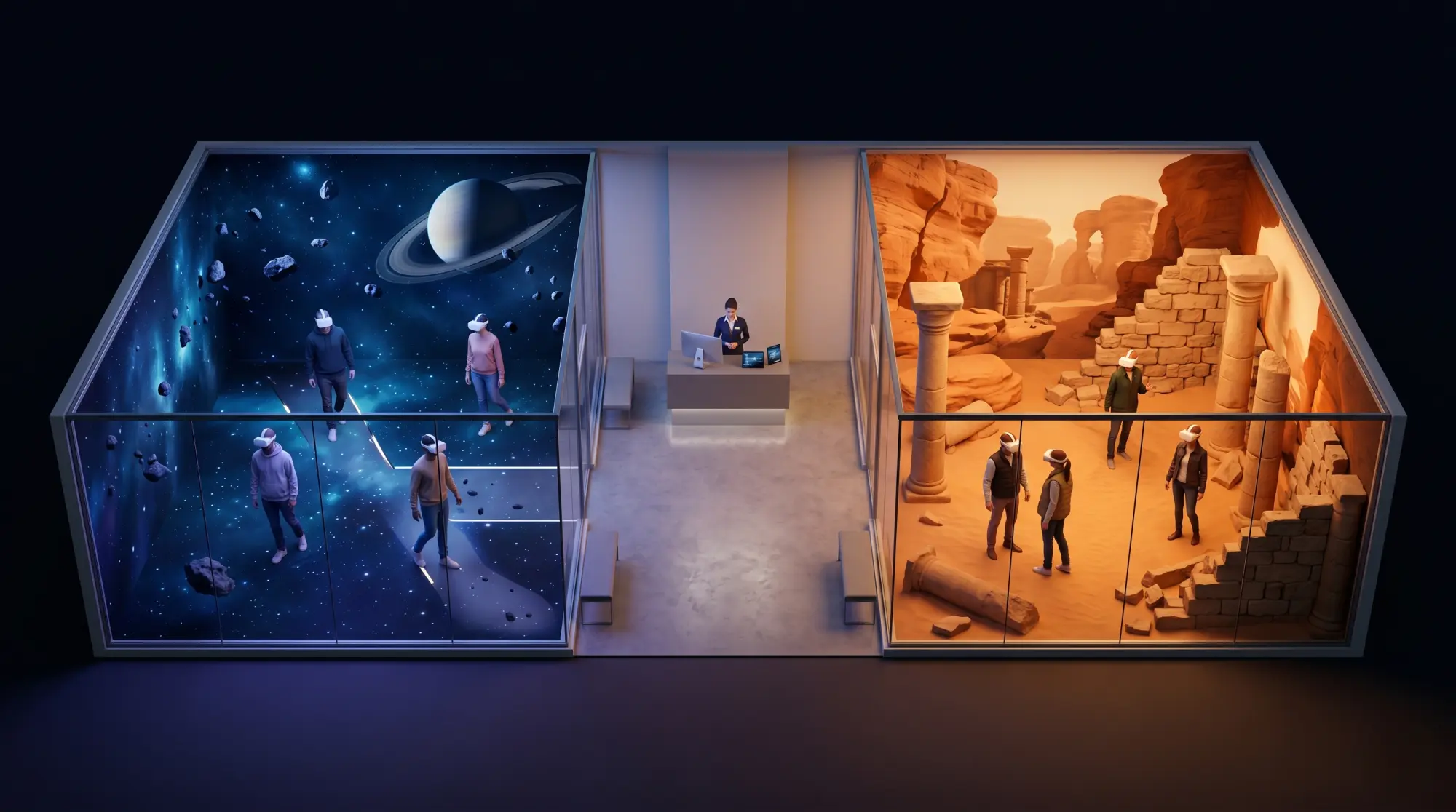 Side-by-side comparison of two SVR virtual environments — a fantasy world and a futuristic city — both mapped to the same physical venue layout