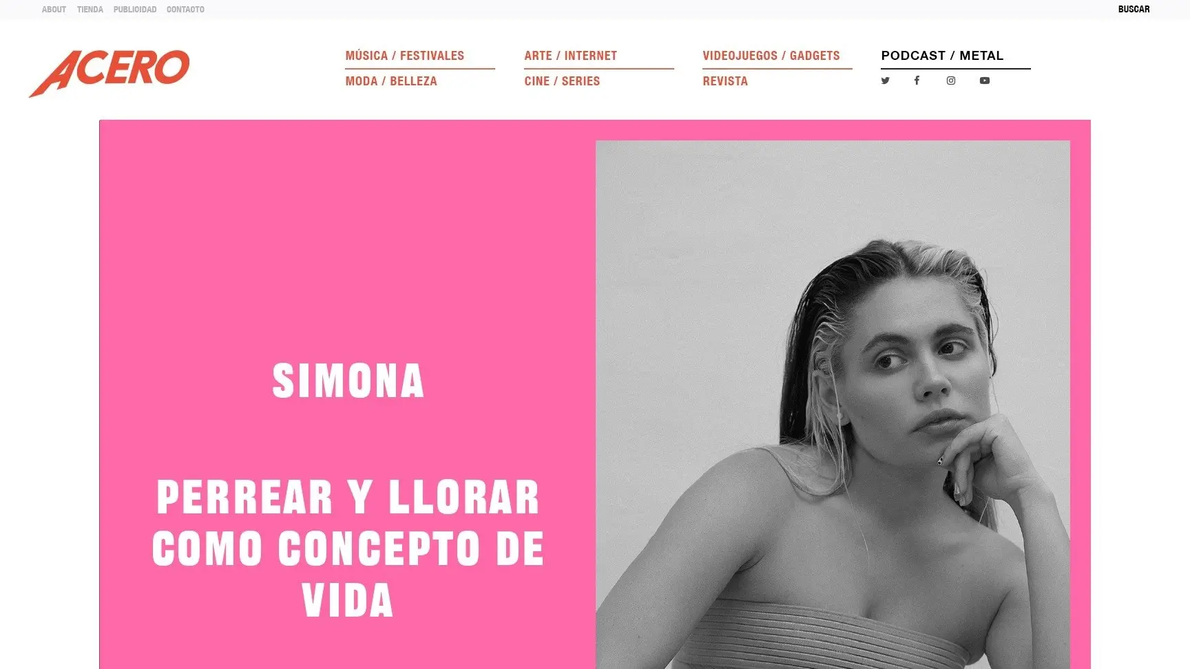 The interview page mock-up: the headline on a pink panel beside a black-and-white portrait.