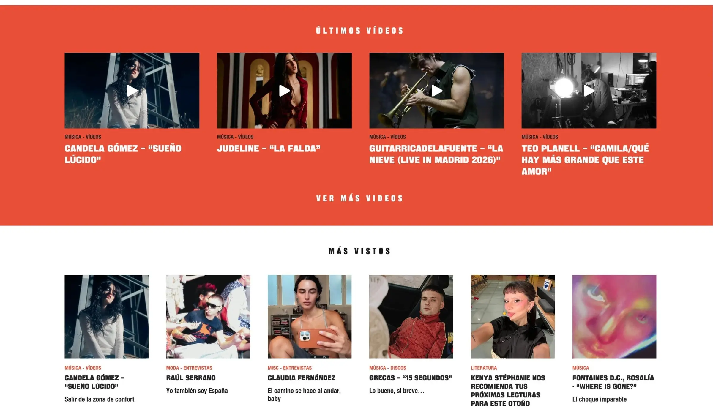 The live home page: a row of the latest videos on a red band, and the most read stories below.