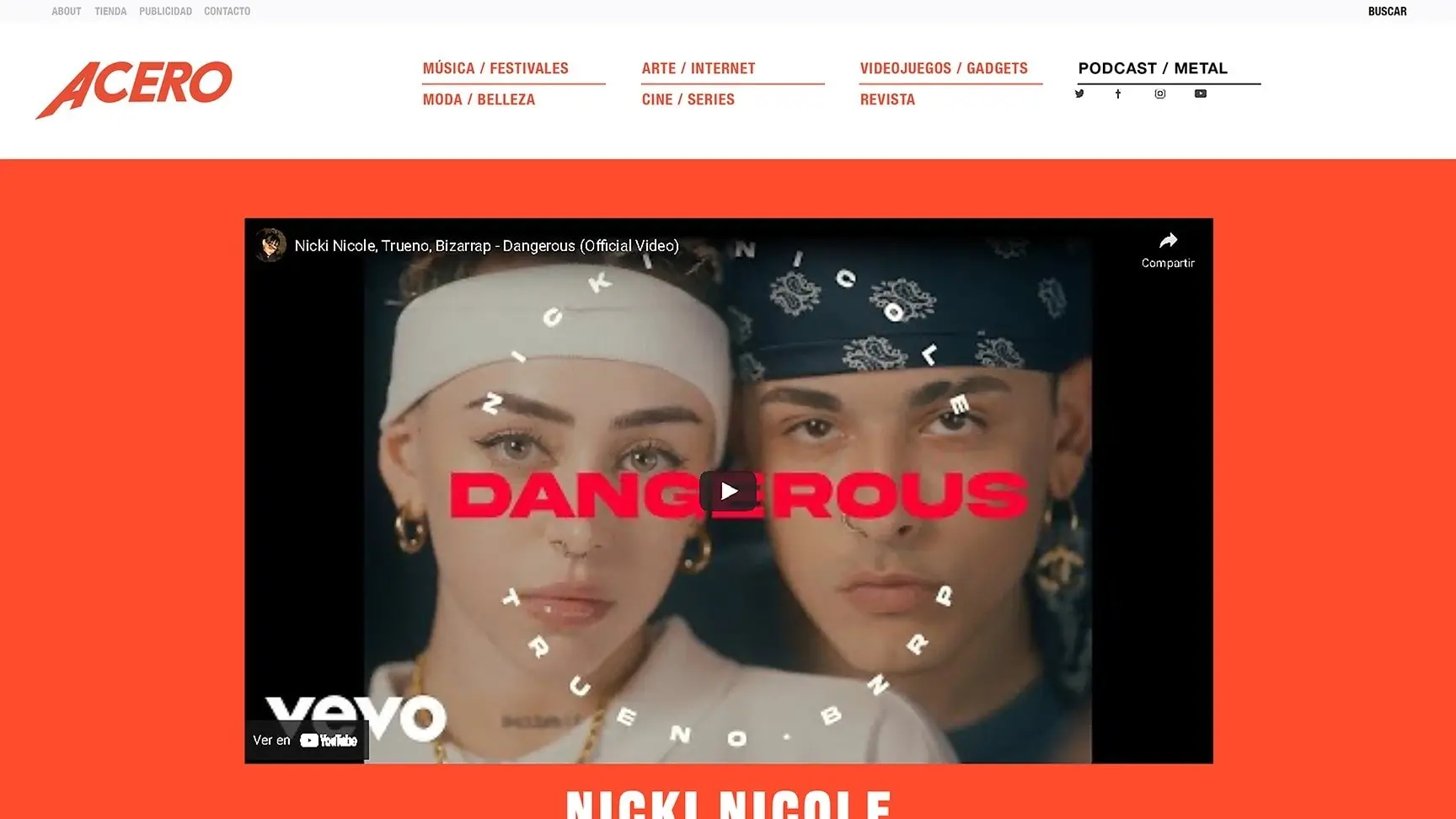 The video page mock-up: an embedded music video with its title below, on an orange background.