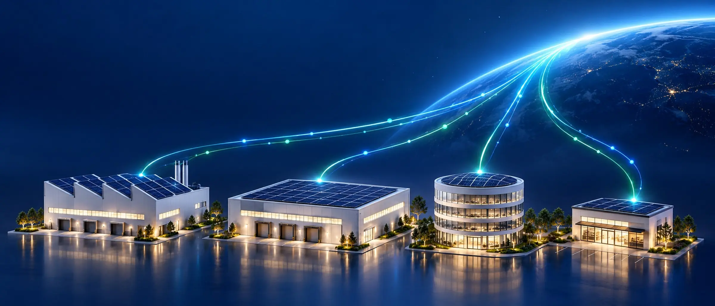 Four white company buildings with solar roofs, a factory, a warehouse, a round office and a shop, linked by glowing lines of data to the Earth at night, on dark blue.