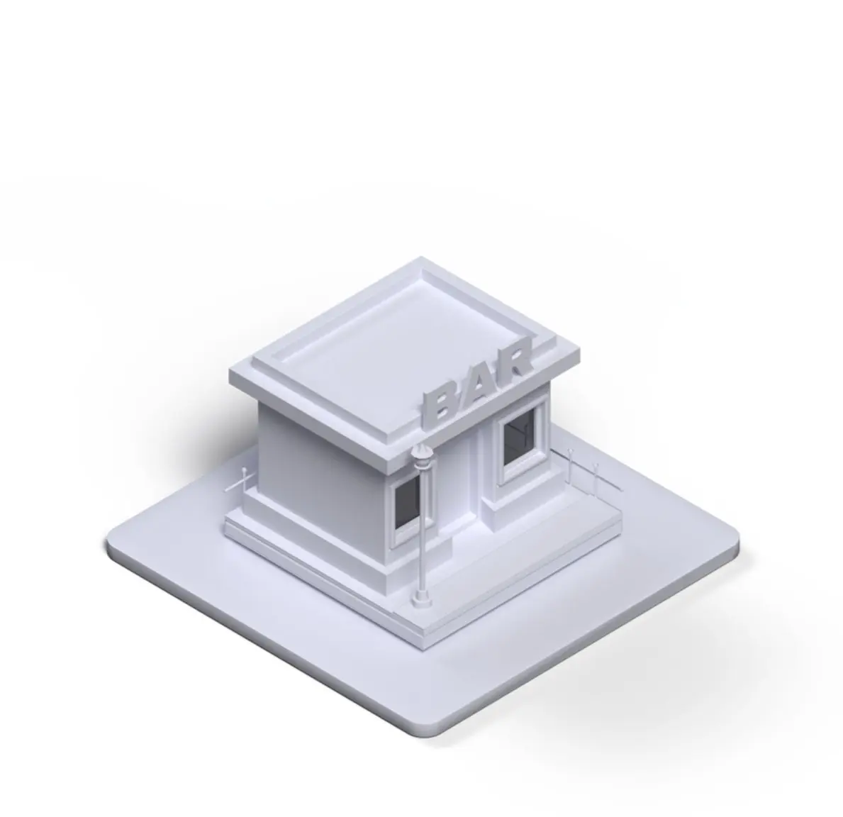 A small single-storey building as a white 3D model on its plot.