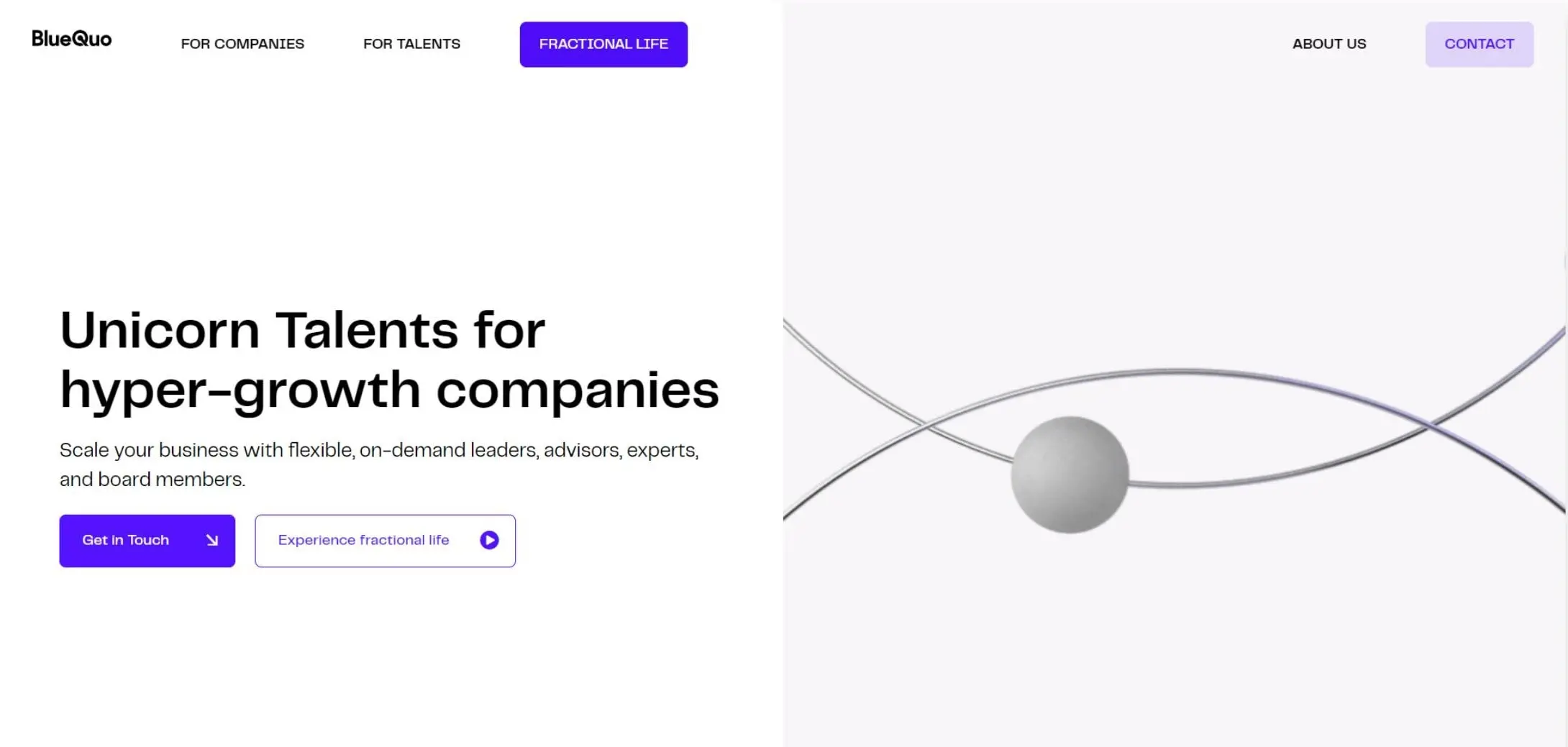 Das Design der Bluequo-Startseite: "Unicorn Talents for hyper-growth companies", mit Knöpfen für Kontakt und Fractional Life, neben einer Kugel auf sich kreuzenden Linien.