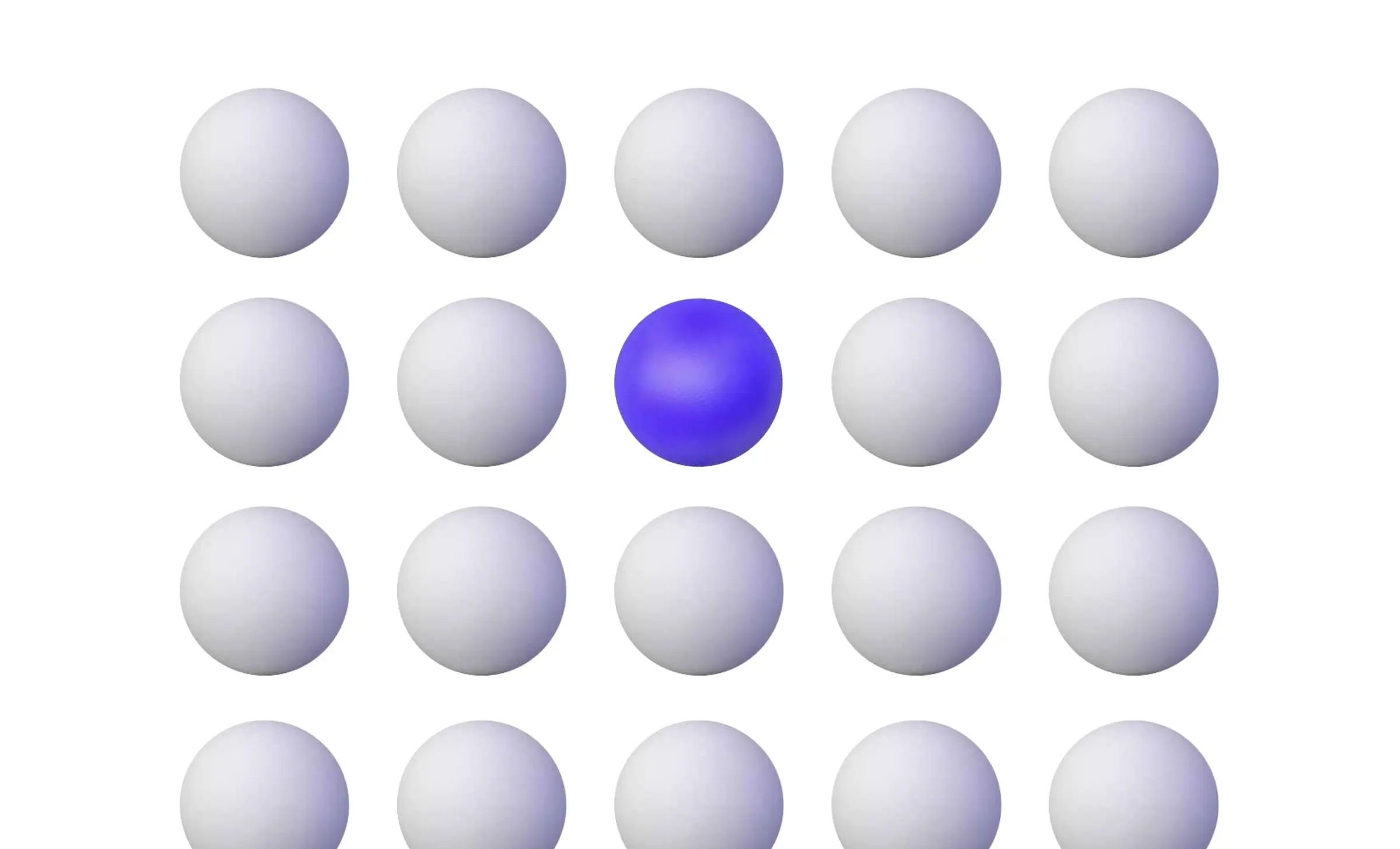 Designtafel: ein Raster weißer Kugeln mit einer einzigen ausgewählten violetten.