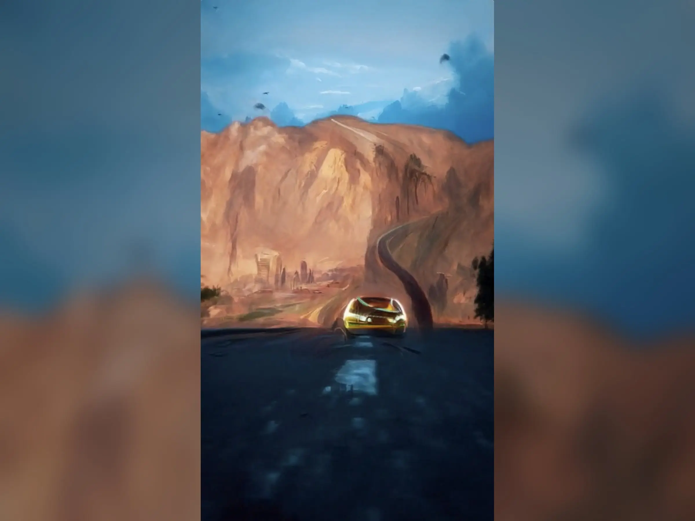 A frame from a finished video: a car drives out of a canyon at dusk.