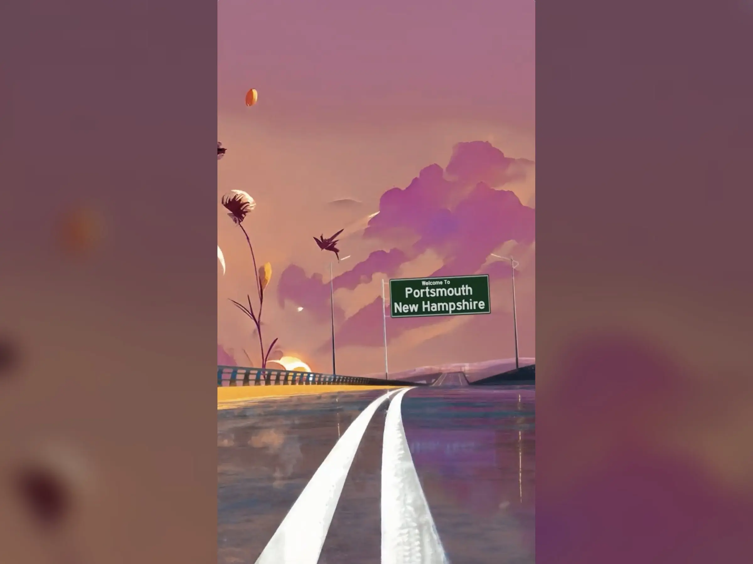 A frame from a customer's video: a road under a pink sky with a sign for Portsmouth, New Hampshire.