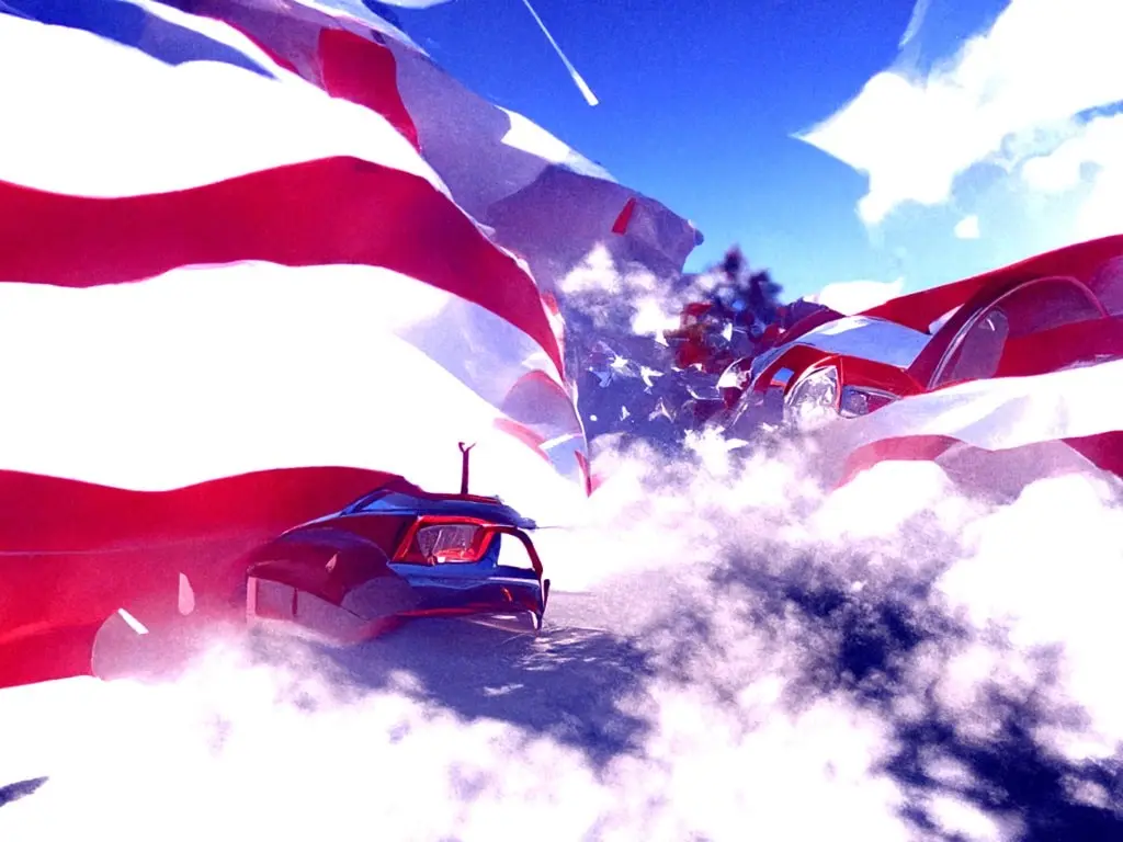 An early test in Disco Diffusion: cars driving through waving American flags and clouds.