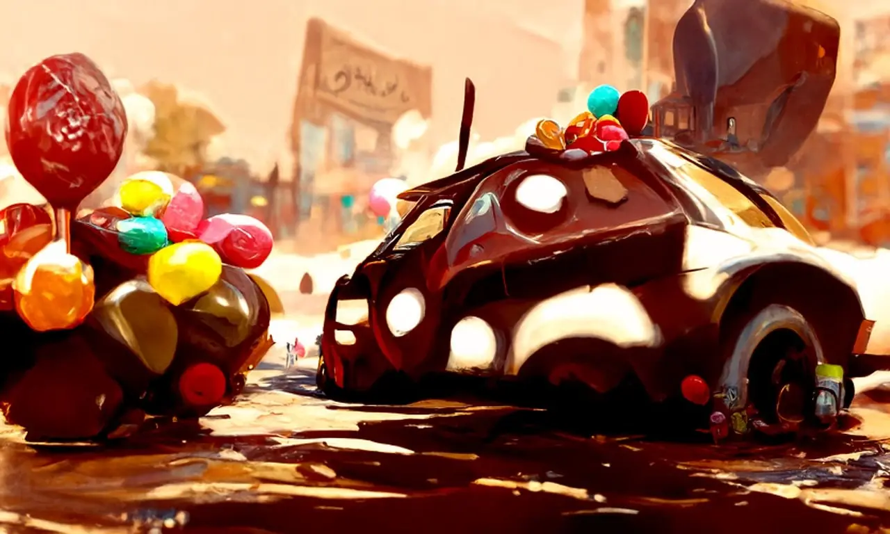 An early test in Disco Diffusion, Gummy car: a car made of chocolate and sweets in a street.