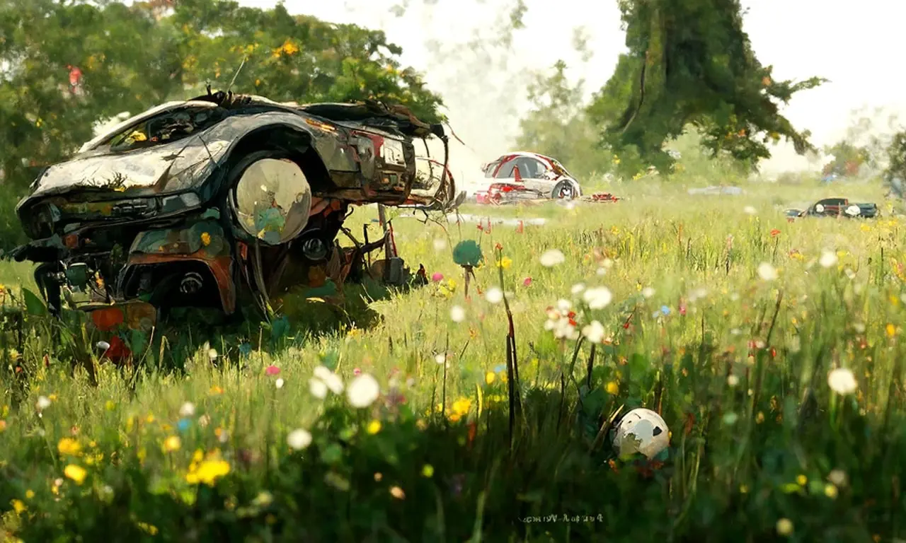 An early test in Disco Diffusion, Meadow car: an old car overgrown in a flowering meadow.