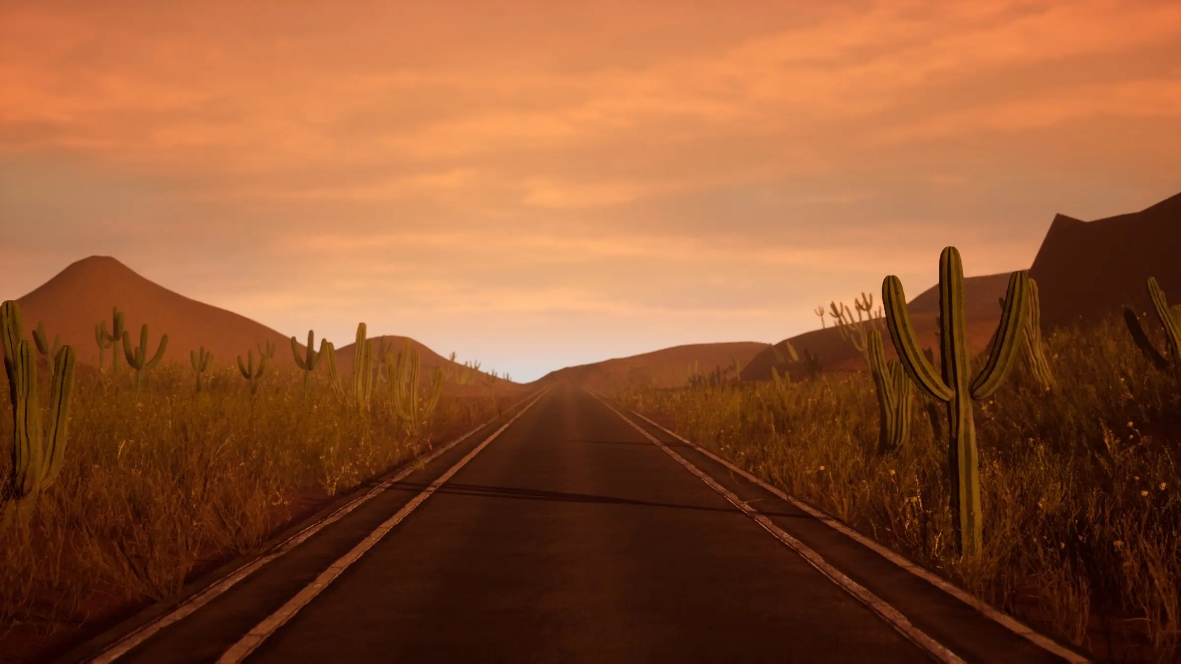 An early test in Unreal Engine: an empty desert road with cacti at sunset.