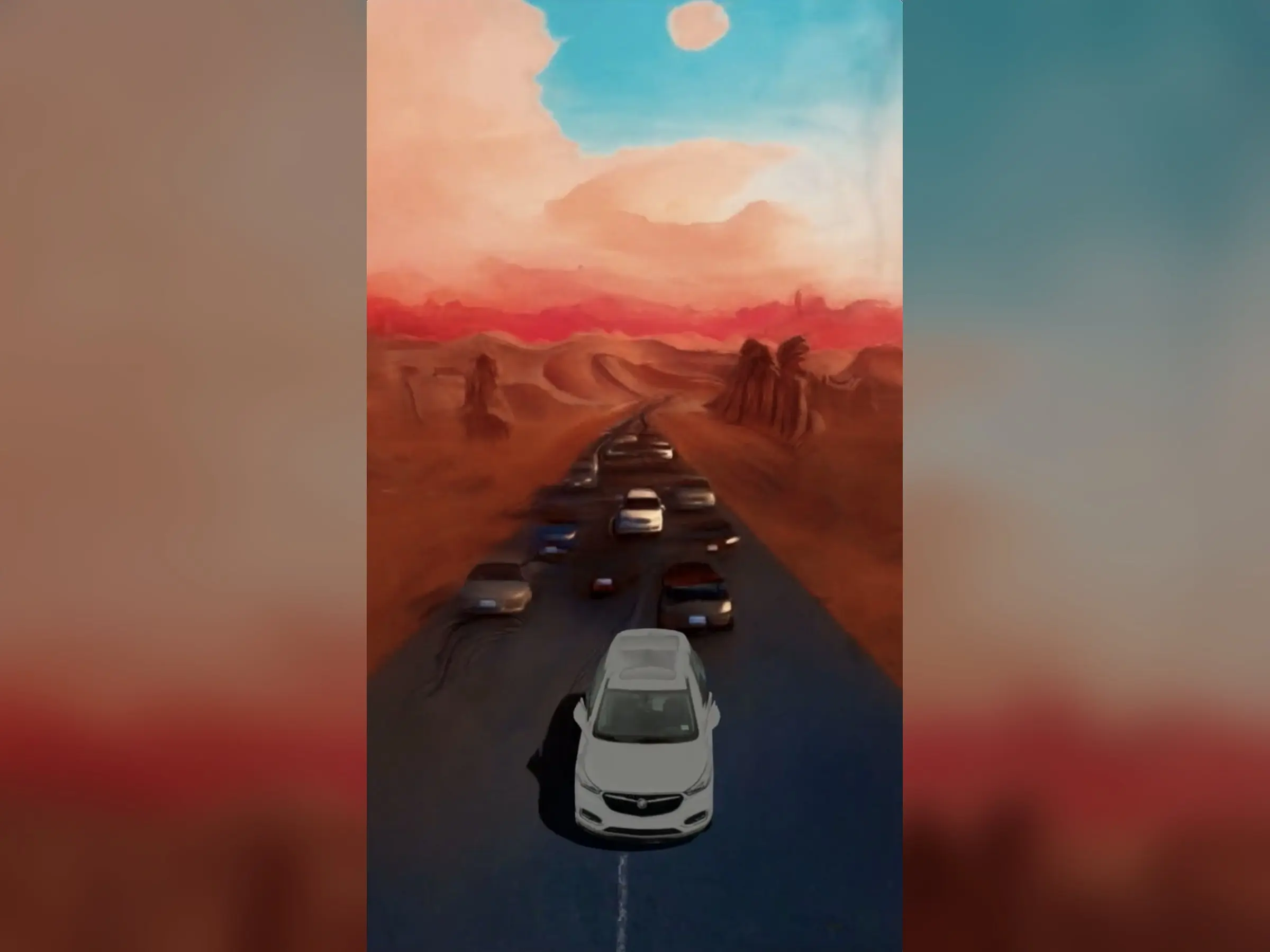 A frame from a finished video: a white car on a desert road among other cars, under a red sky.
