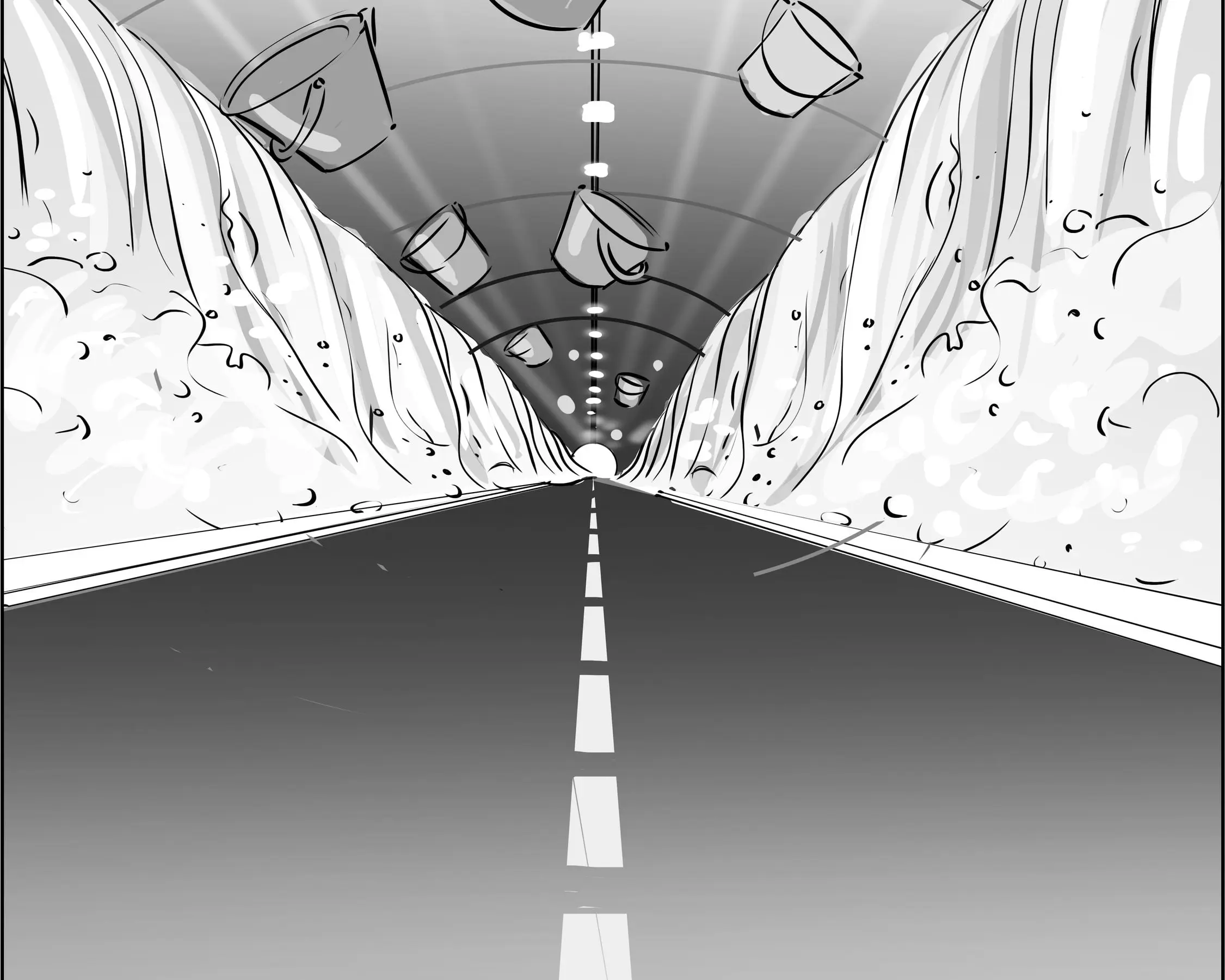 A storyboard sketch of a road entering a tunnel through a rocky canyon.