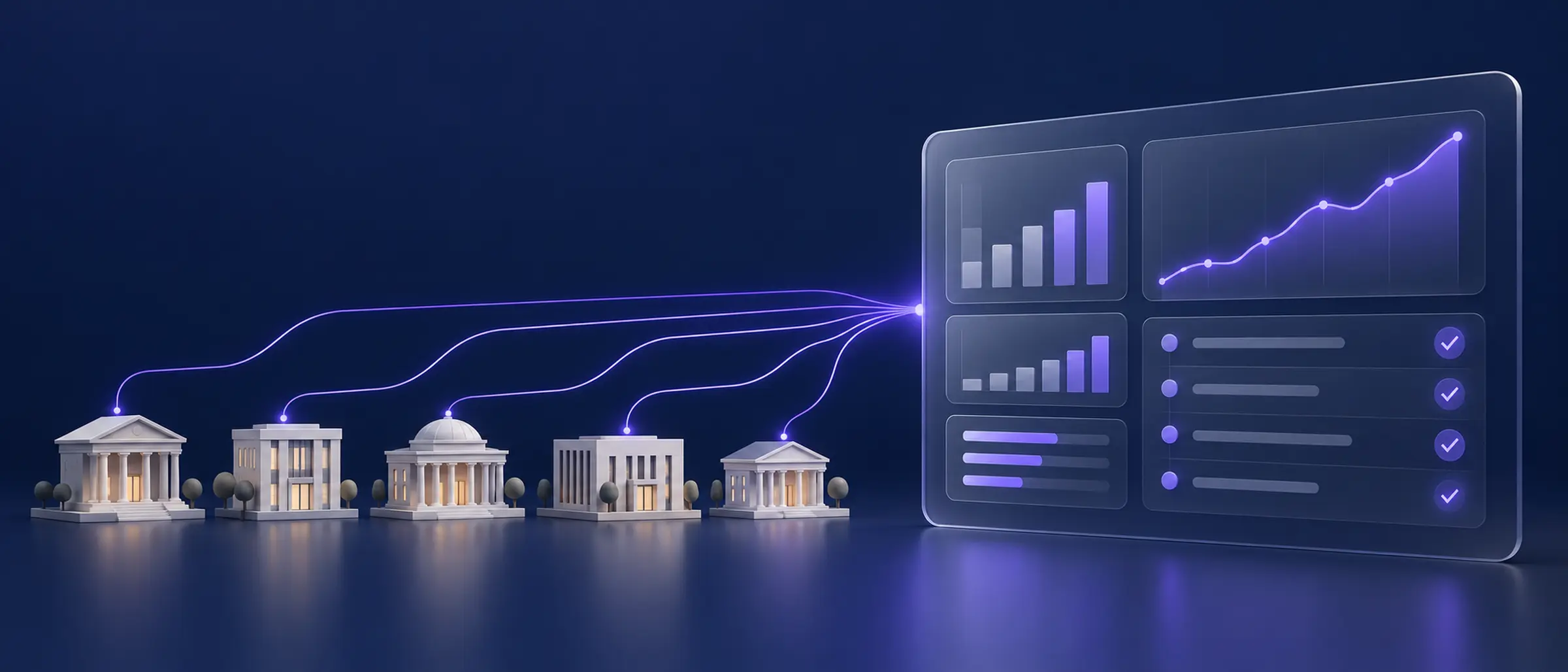 An illustration of small bank buildings whose glowing lines converge into one floating glass treasury dashboard.