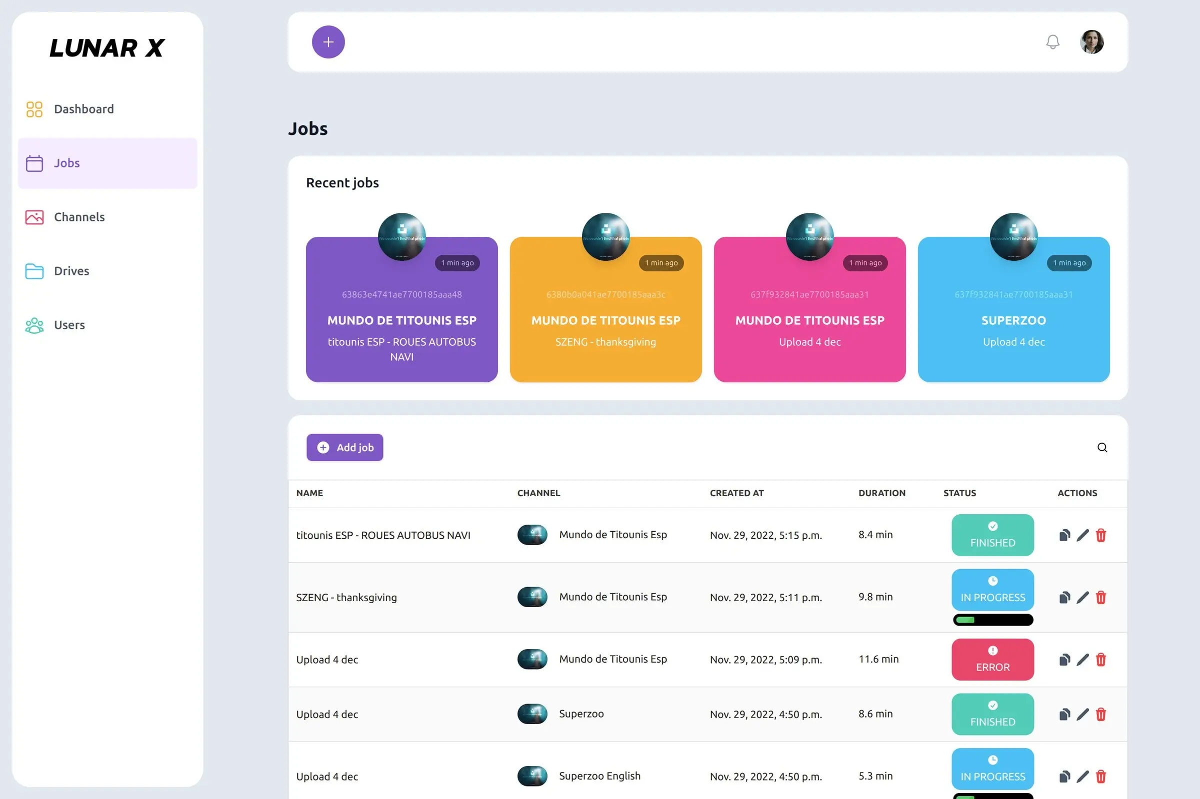 The Jobs page: recent jobs as coloured cards and a list with channel, date, duration and status (finished, in progress, error).