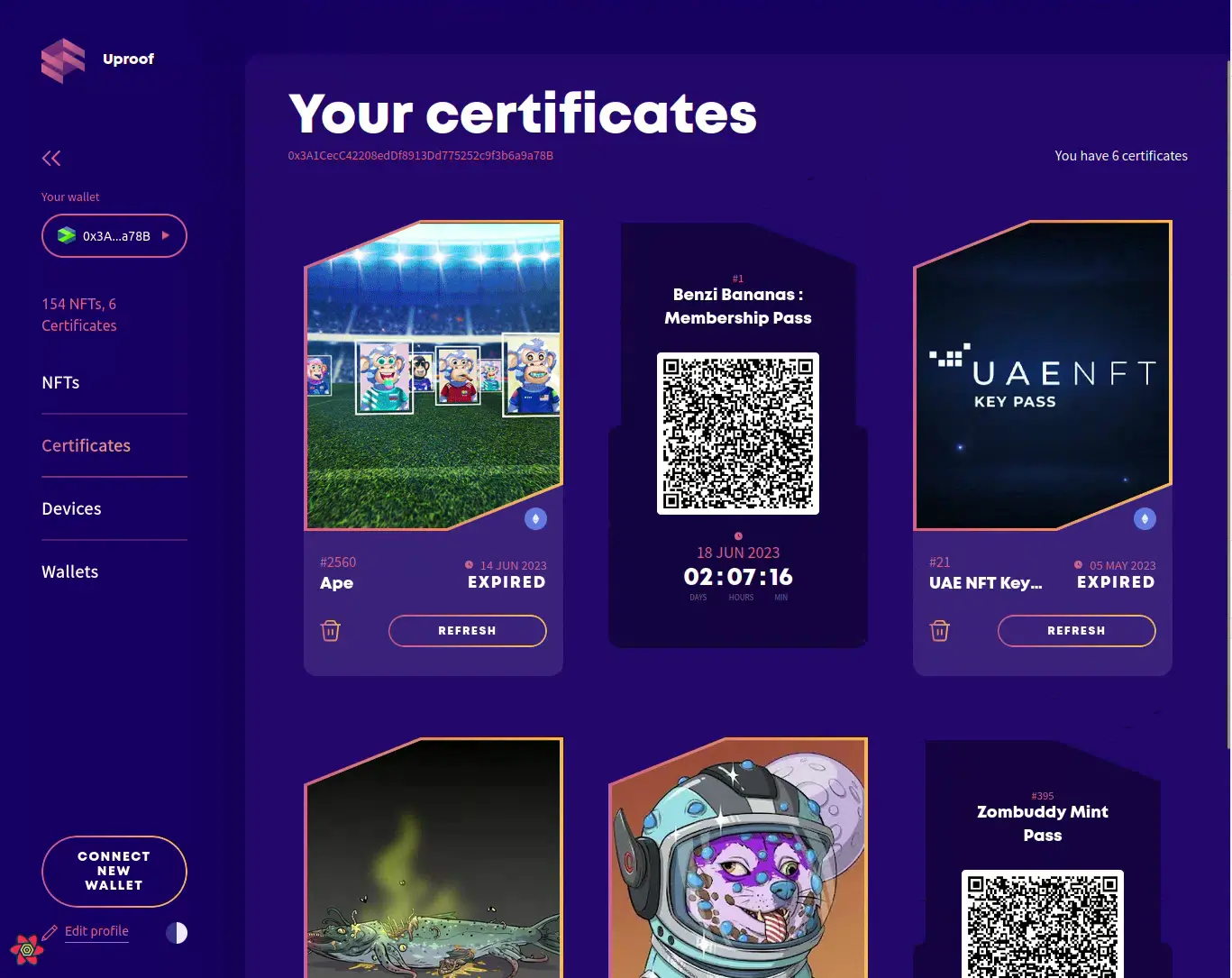 Your certificates: certificate cards for the wallet's NFTs, some expired with a Refresh button, one open as a QR code with its countdown.