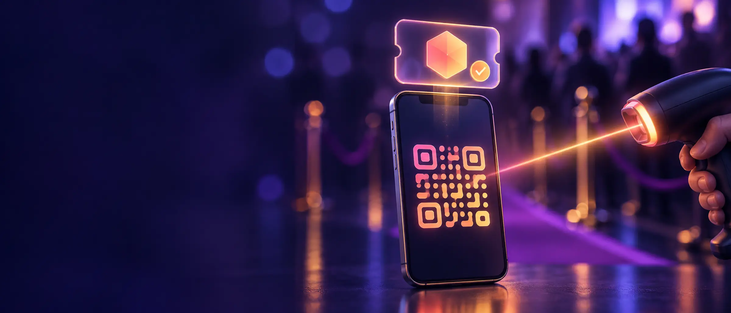 A phone showing a glowing QR pattern, with a certificate card and a token emblem above it, scanned by a handheld reader at an event entrance.