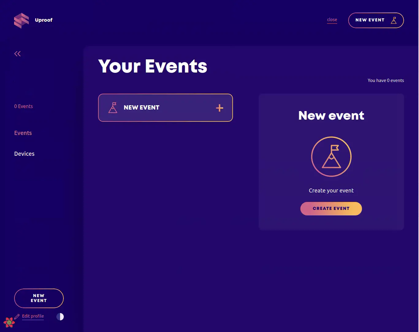 Your Events, the organiser view: a New event button and a card to create the first event.