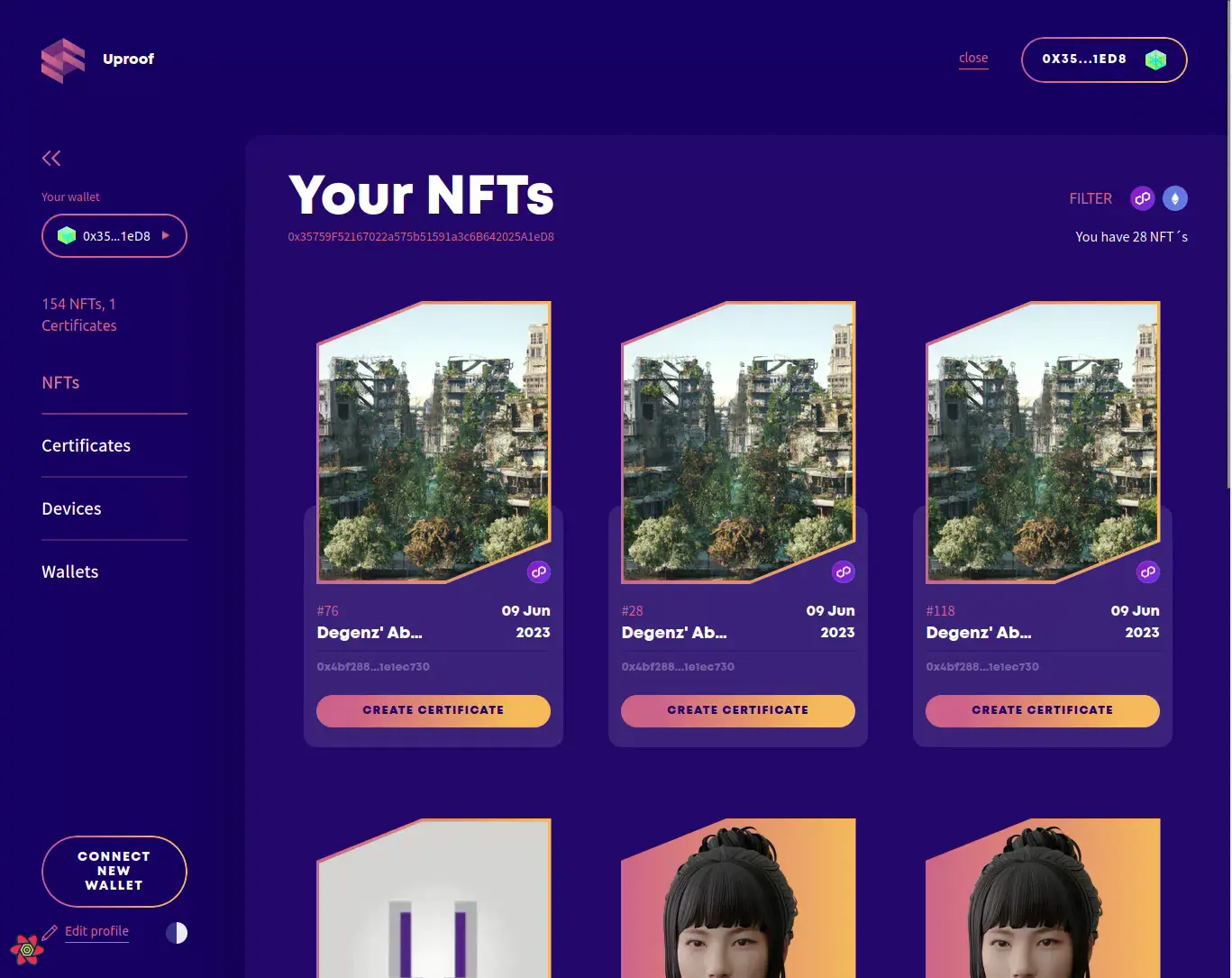 Your NFTs: the wallet's NFTs as cards, each with its number, date and a Create certificate button, and a filter for Polygon and Ethereum.
