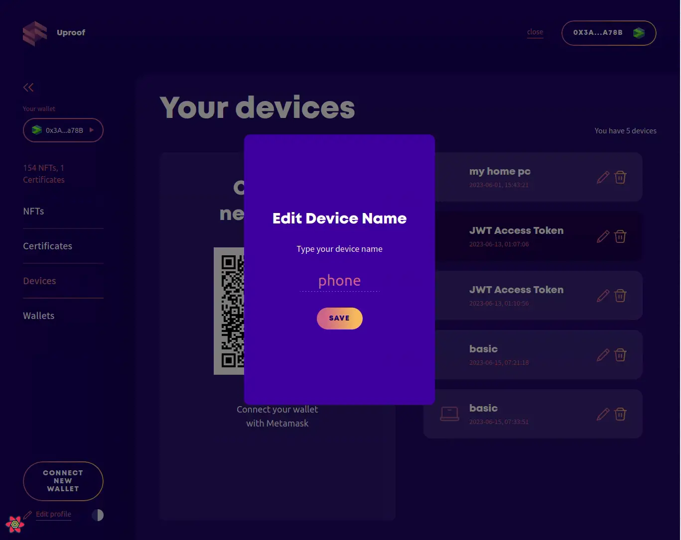Your devices with the Edit device name dialog open over the list of linked devices.