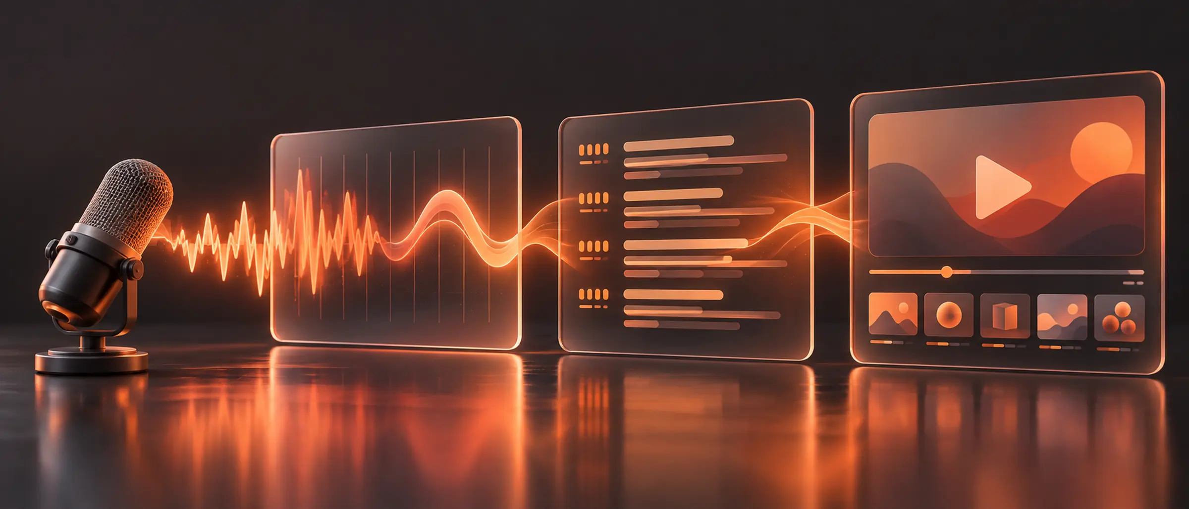 Un micrófono de pódcast cuya onda de audio atraviesa tres paneles de cristal: se limpia, se convierte en líneas de texto y se enmarca como un reproductor de vídeo.