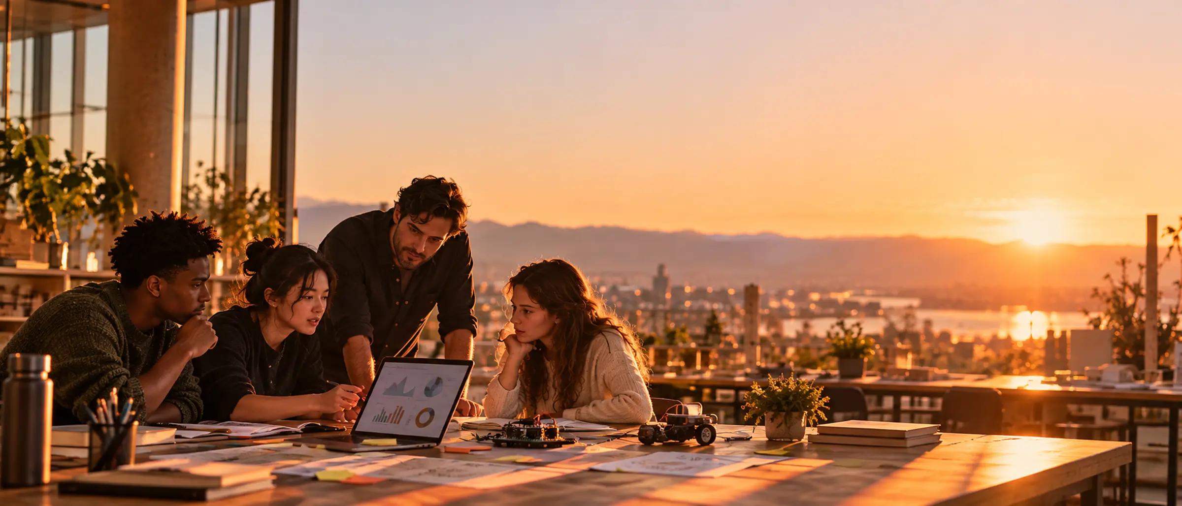 Four university students around a table with a laptop, plans and a small robot, at golden hour by a large window over a city.