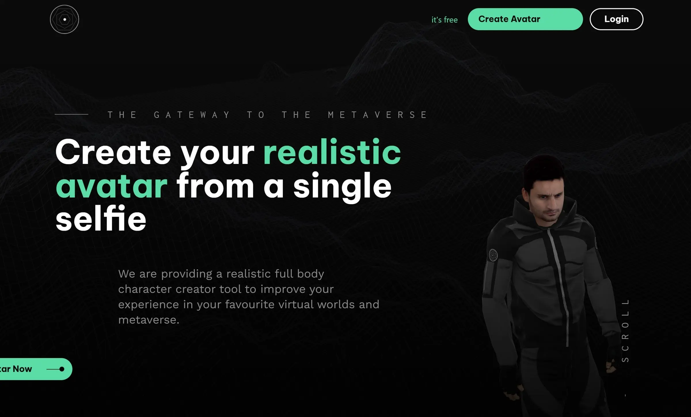 The home page we built: "Create your realistic avatar from a single selfie" on a dark wireframe landscape, beside a full-body 3D avatar.
