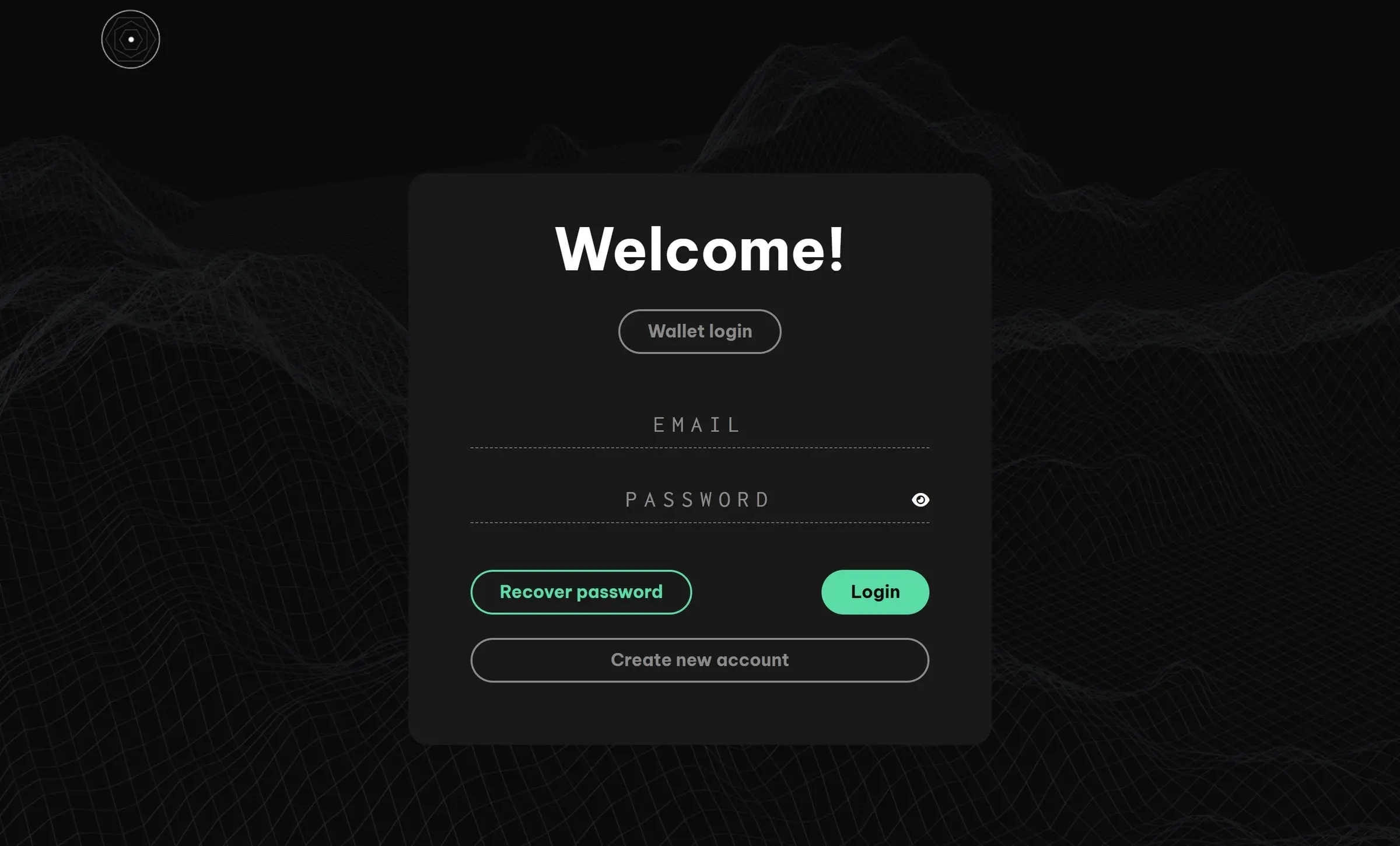 The login screen: a Welcome card with wallet login, email and password, on the dark wireframe background.