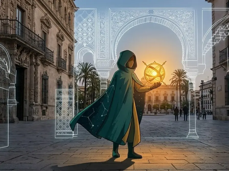 Ecco, hooded and in a teal cloak, holds up the glowing Time Orb in a real street while wireframe arches of an older building rise around.