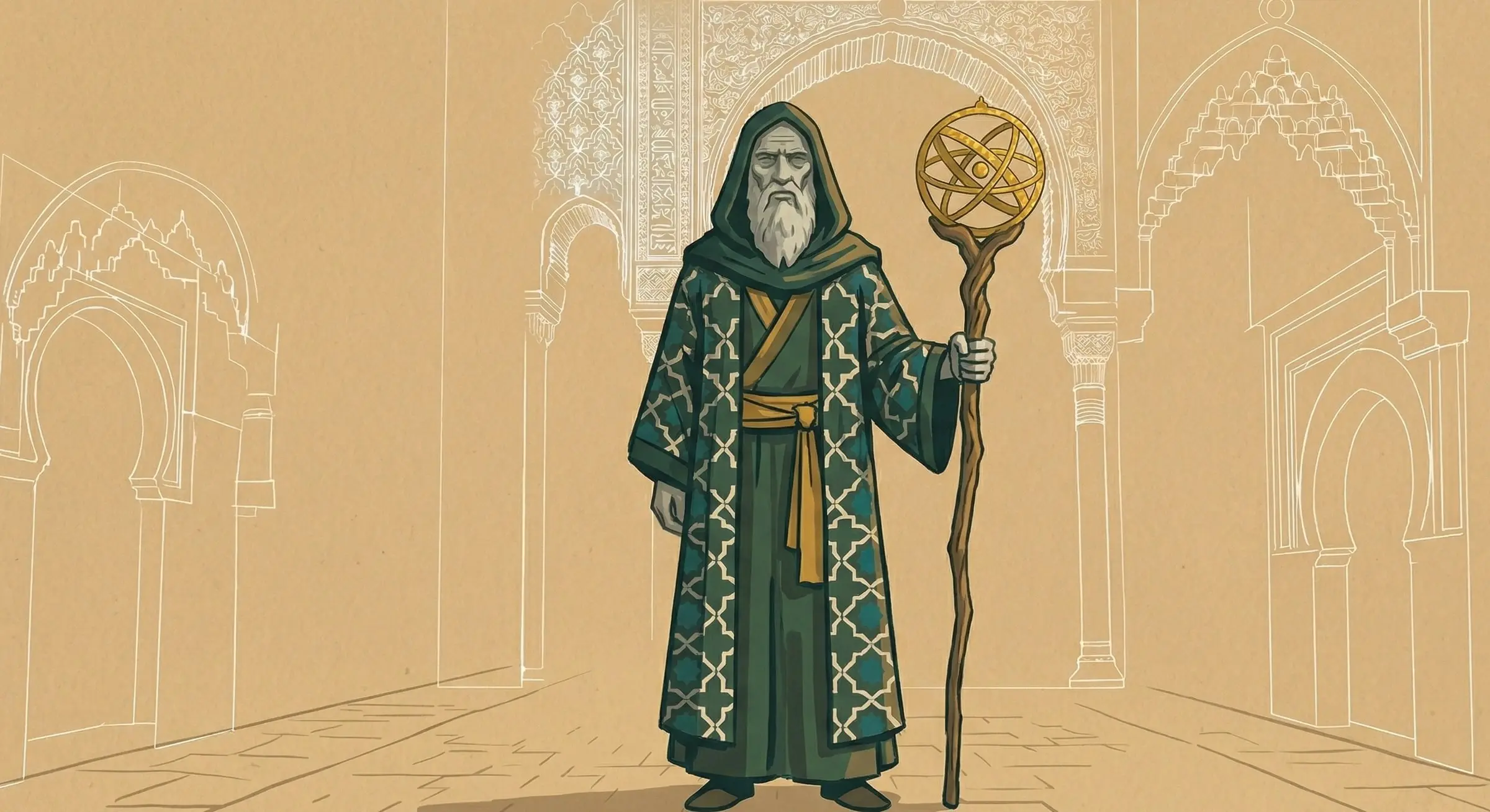 Al-Harith, the water architect: an old bearded man in a green patterned robe holding a staff topped with a golden astrolabe.