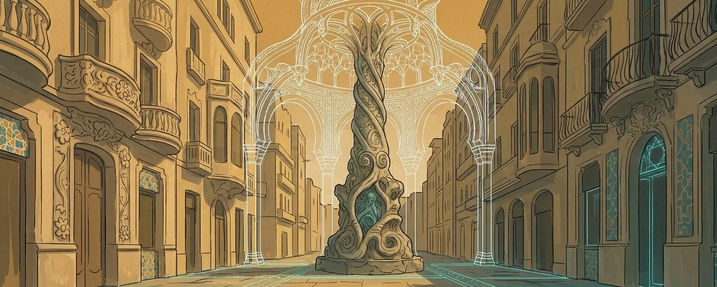 A street of balconied buildings with a twisting tower at its centre, overlaid with glowing turquoise outlines of older arches and facades.