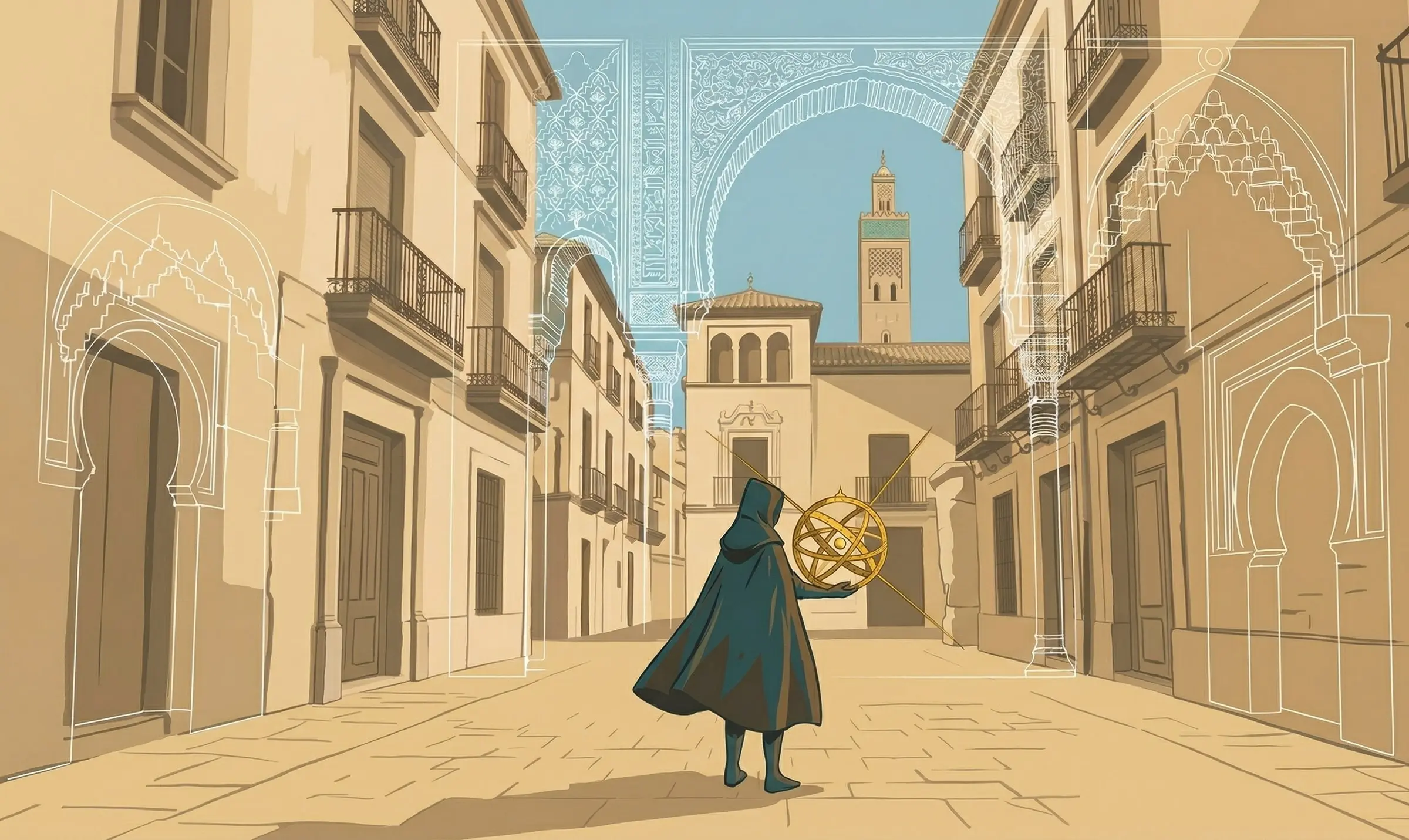 Ecco, seen from behind, stands in a sunny old-town street with the Al-Ándalus past of the buildings drawn over it in white lines.