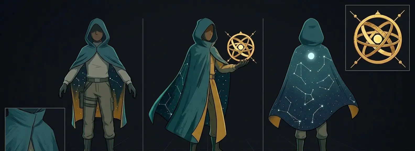Character sheet of Ecco's 3D model: front, three-quarter and back views in the teal cloak, the cloak lined with stars, and the orb's symbol.