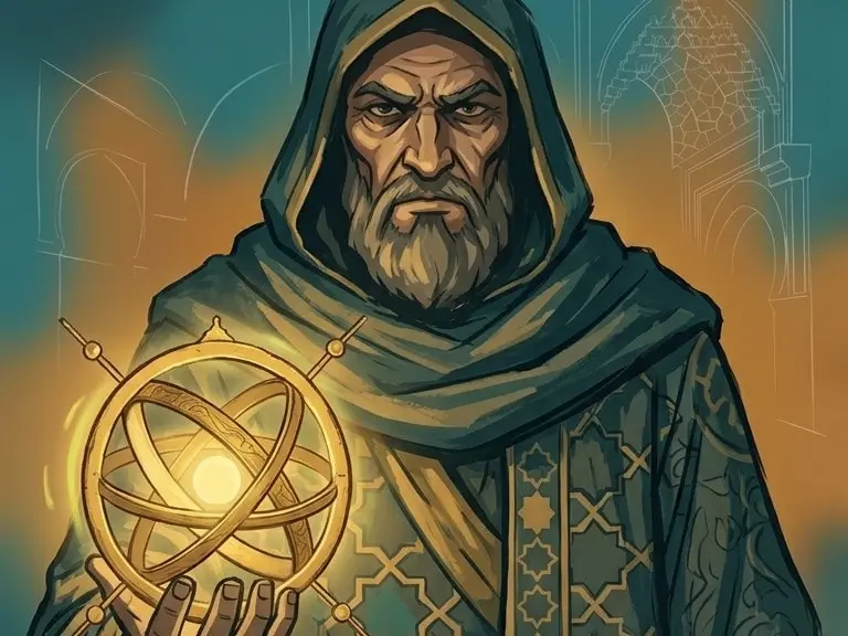 Al-Harith in the dialogue screen: a bearded guardian in a hooded robe holding a glowing armillary orb.