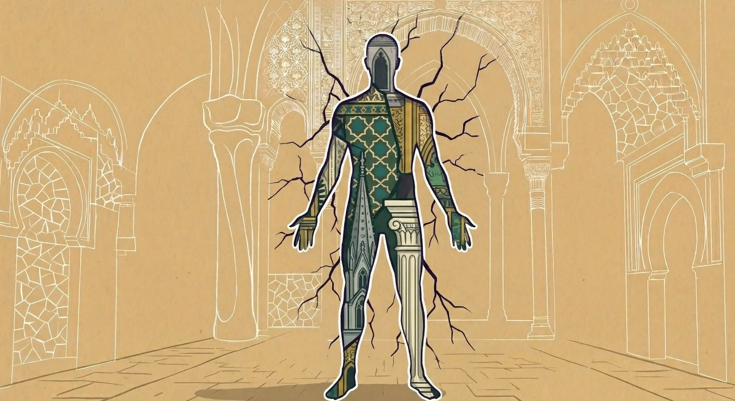 La Grieta, the temporal anomaly: a human figure made of patterned fragments and split by dark cracks.