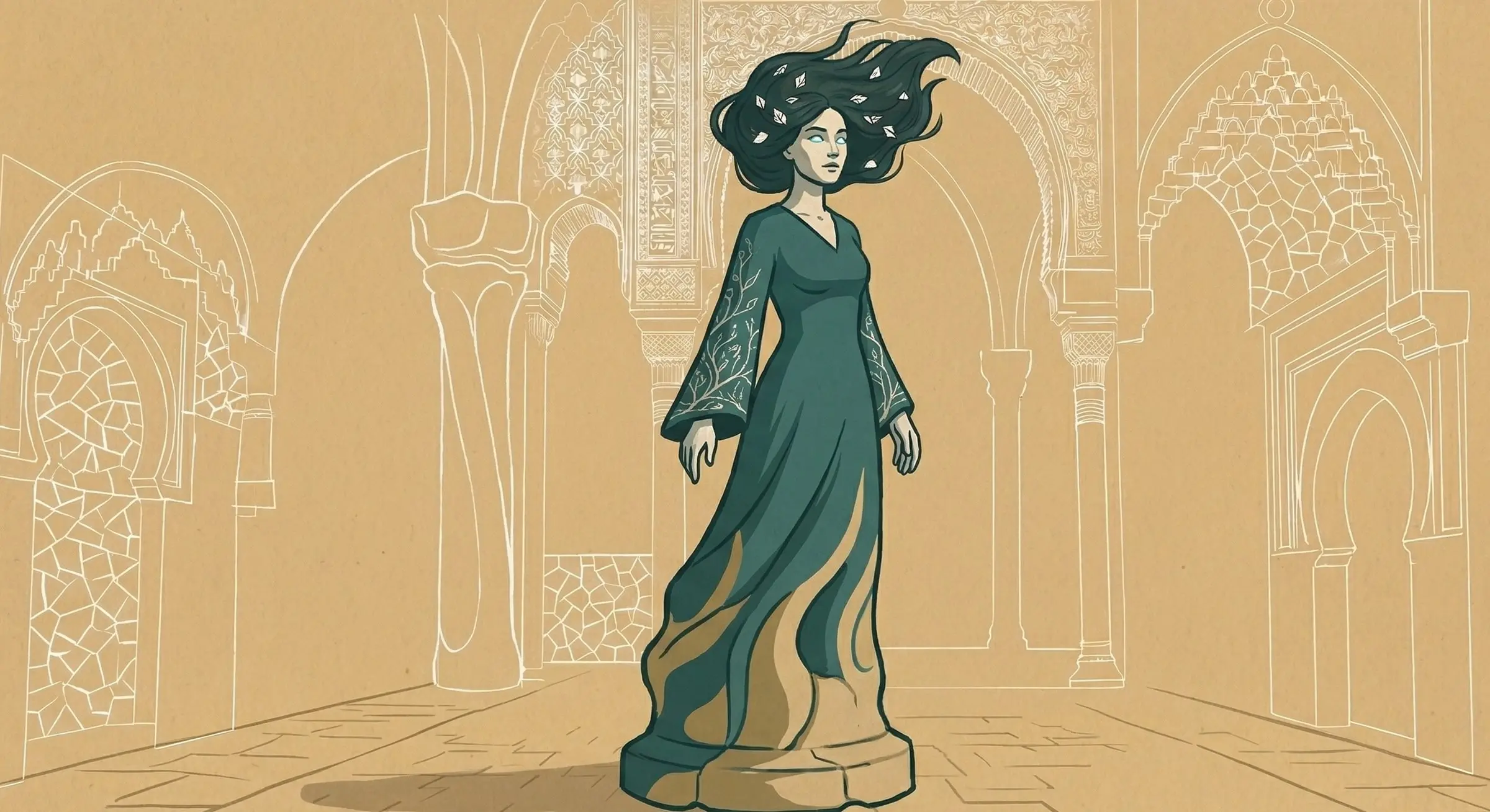 Líria, the organic spirit: a woman in a flowing green gown, her hair lifting in the air and the gown turning to stone at her feet.