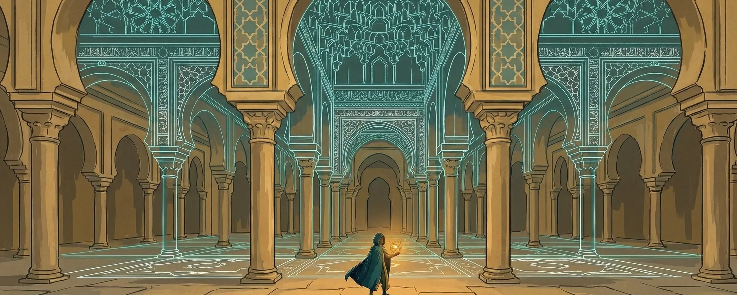 Ecco walks with the lit orb through an Al-Ándalus hall of horseshoe arches and columns, its ornament traced in turquoise light.