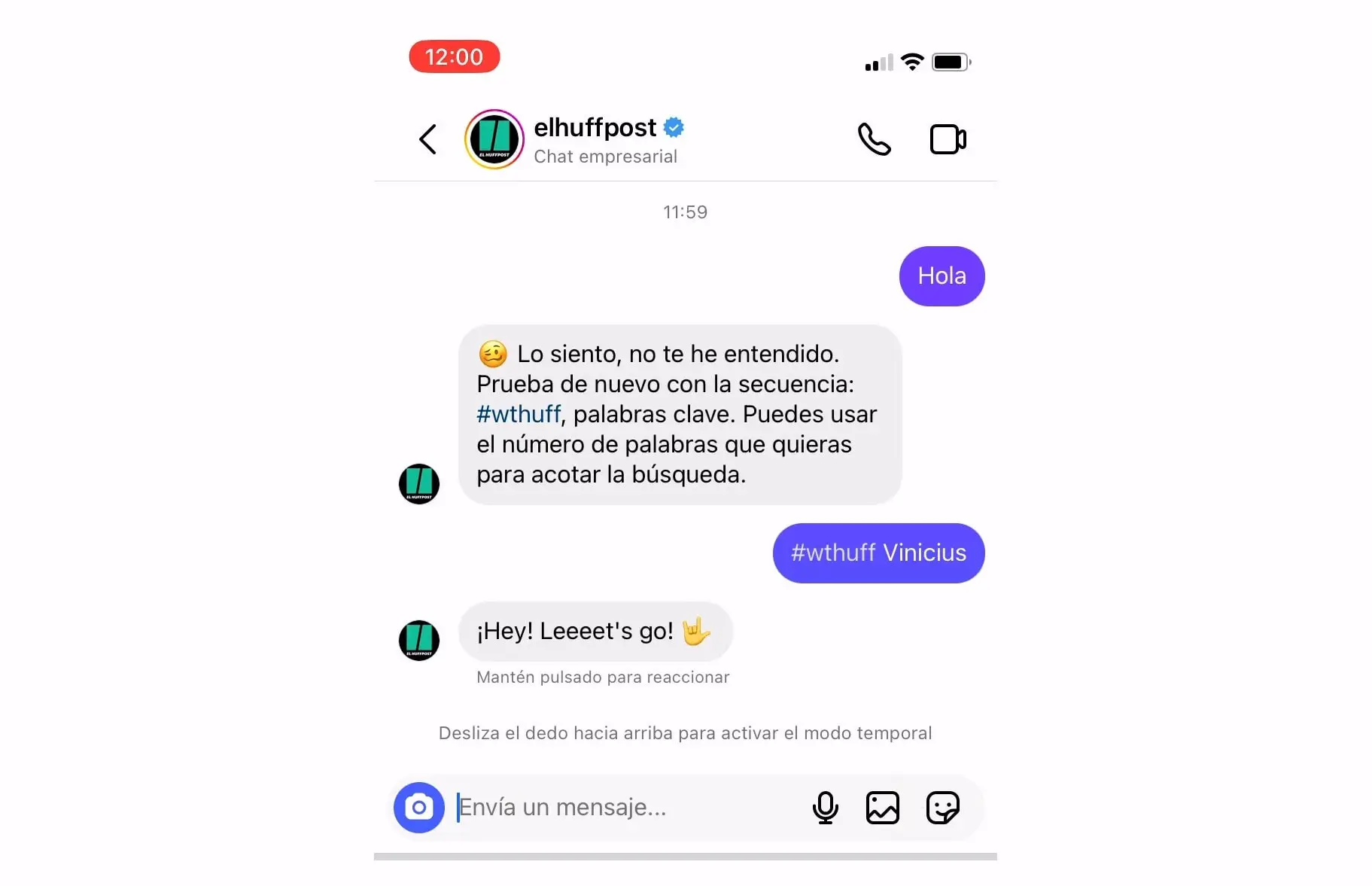 MD de Instagram con El HuffPost: tras un saludo que no entiende, el bot explica el formato, y "#wthuff Vinicius" recibe un animado "¡Hey! Leeeet's go!".